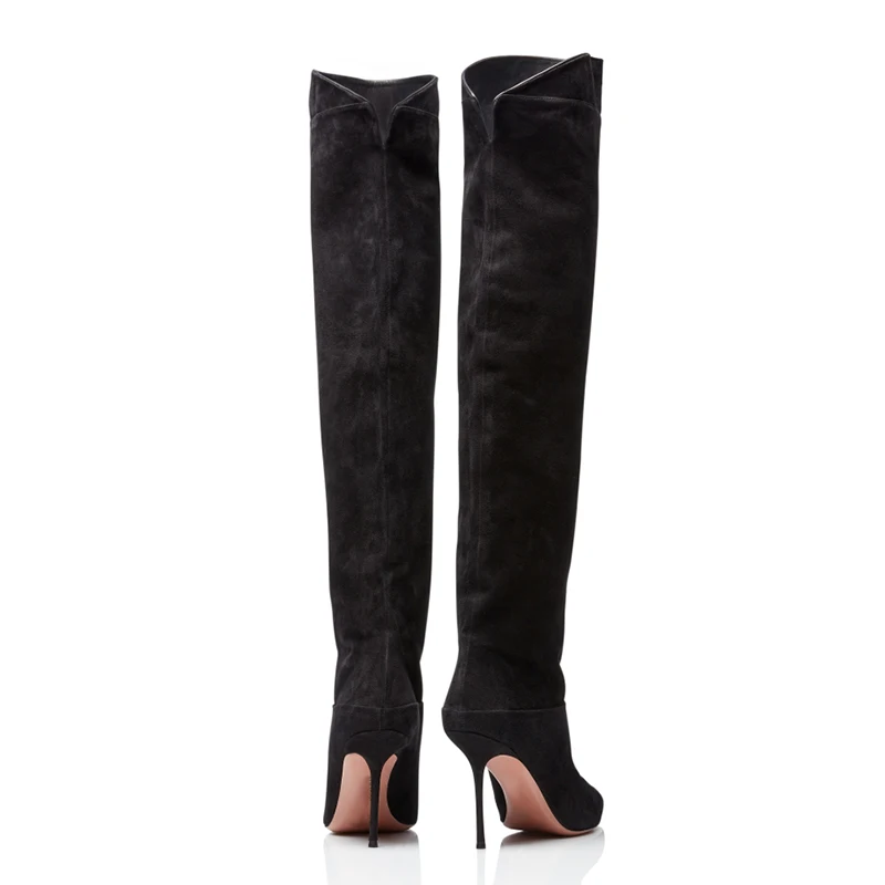 Женские ботфорты выше колена высокие сапоги на шпильках черные сапоги из искусственной замши с острым носком, ручная работа, большие размеры 34-46, зима