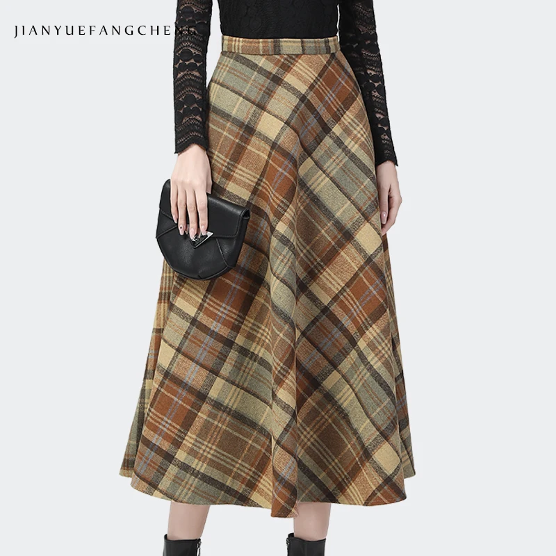 

Fashion Women Plaid Woolen Skirt 2021 Autumn Winter New High Waist A-Line Big Swing Plus Size Ladies Warm Casual Long Skirts