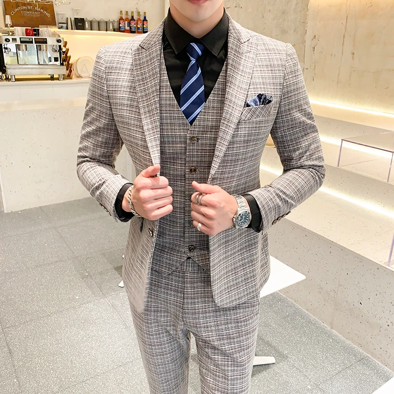 suit suit men's three-piece business plaid official gentleman west decoration body groomsman blazer S-5XL