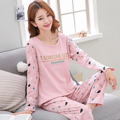 Womens Pajamas Sets Long sleeve cotton pajamas suit Women spring cartoon casual sleepwear long Pyjamas for women XXXL - Color: women pajama set