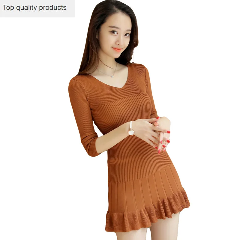 Autumn Retro Dress Women Knitted Solid Short Red V-neck Sexy Bodycon Black Slim Mini Dresses Female Clothing Vestido AC059 |