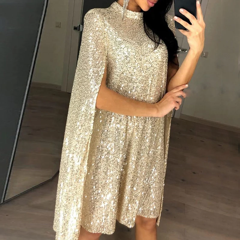 Kricesseen, сексуальное мини-платье с высоким воротом и серебряными блестками, весеннее женское платье с золотыми рукавами, облегающее, вечерние платья для ночного клуба, Vestidos