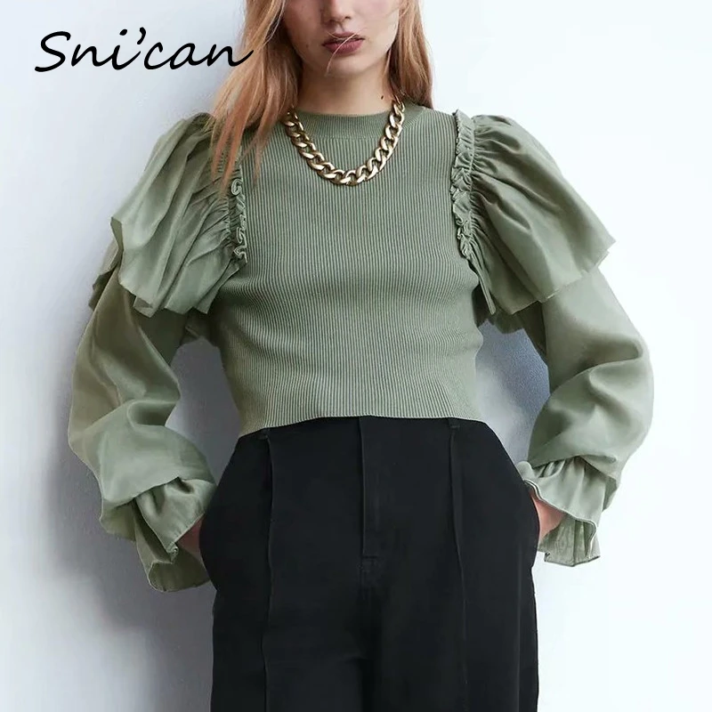 

knitted patchwork blouse women fashion autumn slim basic office ladies blouses cmiseta feminina ruffle shirts tps za 2020 winter