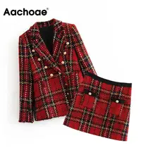 Элегантные женские твидовые клетчатые костюмы с юбкой, двубортный Зубчатый воротник, женские модные блейзеры+ карманы, мини-юбка трапециевидной формы для женщин