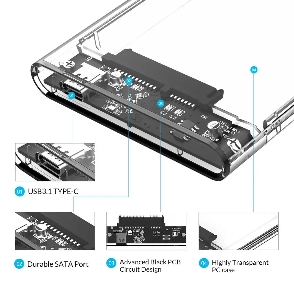 ORICO Type C 2.5'' Transparent HDD Case USB3.1 Gen2 10Gbps Hard Drive Enclosure Support UASP Protocol with Type-C to C Cable