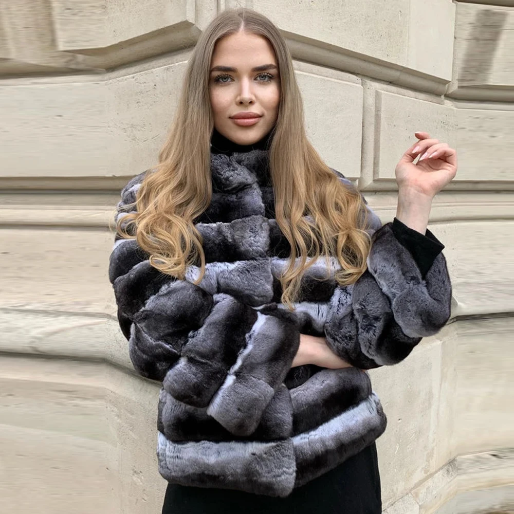 Fashion Short Natural Rex Rabbit Fur Coat Stand Collar Chinchilla Color Whole Skin Genuine Rex Rabbit Fur Jacket Female Outwear