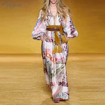 

Ailigou New Runway Fashion Ladies Autumn Dress High Quality Lantern Sleeve V-neck Belt Letter Print Long Party Holiday Dress