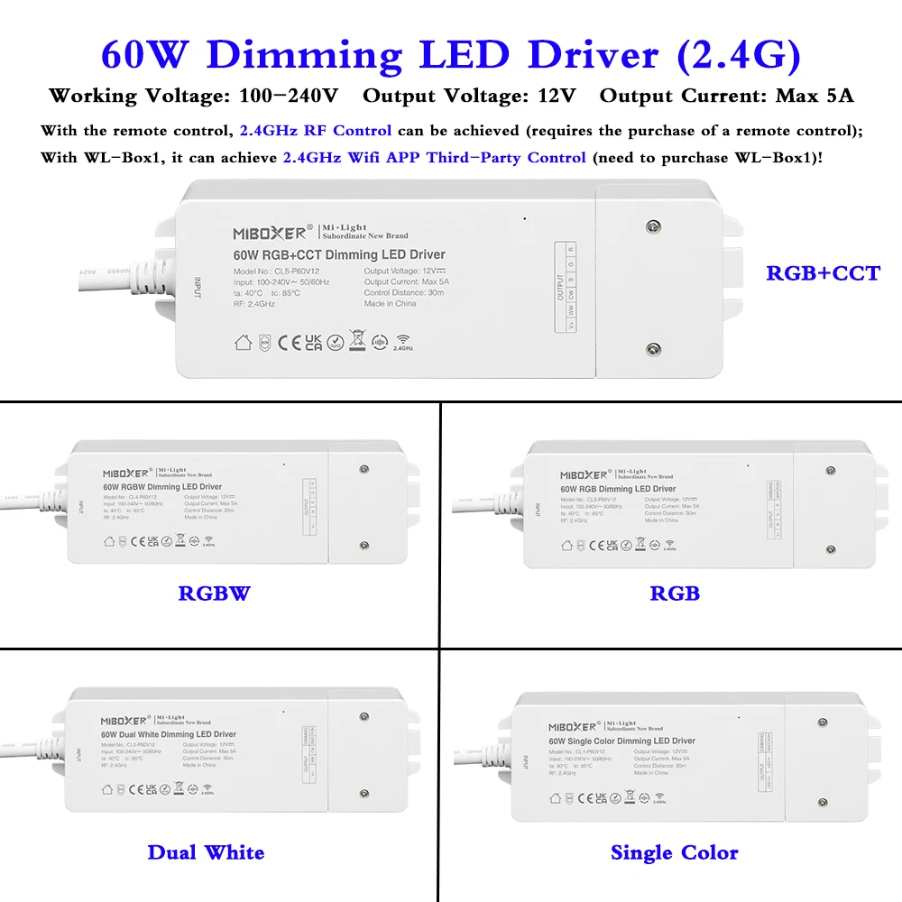 60W Single Color Dual White RGBW / RGB + CCT Dimming LED Driver Adapter Lighting Transformer Compatible 2.4G Wireless RF Control