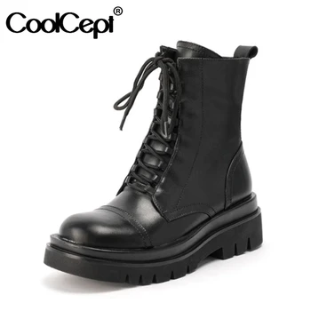 

CoolCept Women Ankle Boots Real Leather Rivets Thick Bottom Women Winter Autumn Shoes Fashion Cool Short Boots Size 34-42