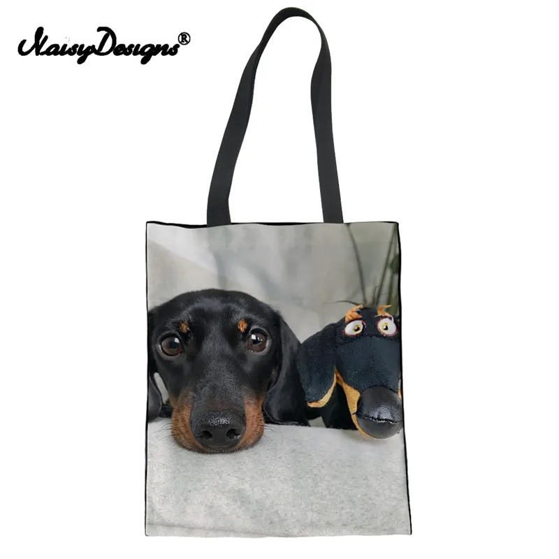 Женская Холщовая Сумка для покупок, многоразовый тканевый мешок с принтом таксы, милая собачья льняная пляжная сумка для девочек, повседневная сумка