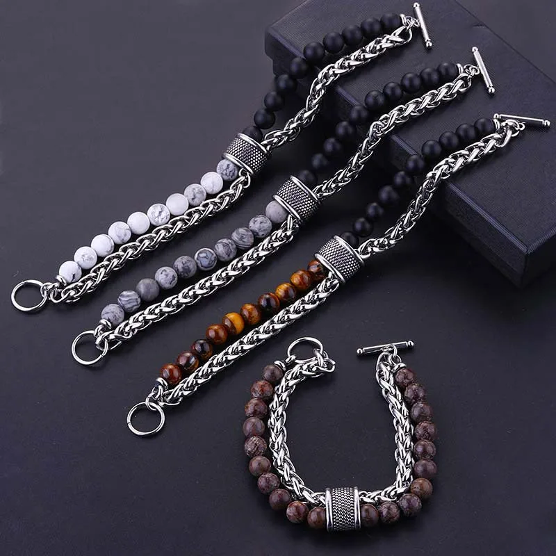 natural stone tiger eye beads bracelet men's chain on hand stainless steel bracelet male Steampunk hip hop luxury wholesale