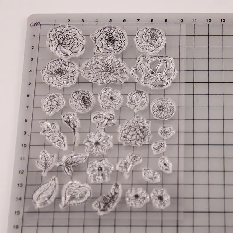 Набор силиконовых прозрачных штампов с изображением цветов и листьев для