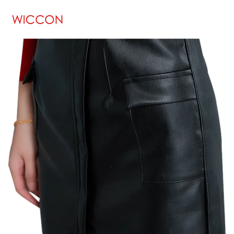 Black Leather Skirt Women Plus Size Midi PU Pencil Skirts Womens High Waist Office Leather Skirt Knee Length Female