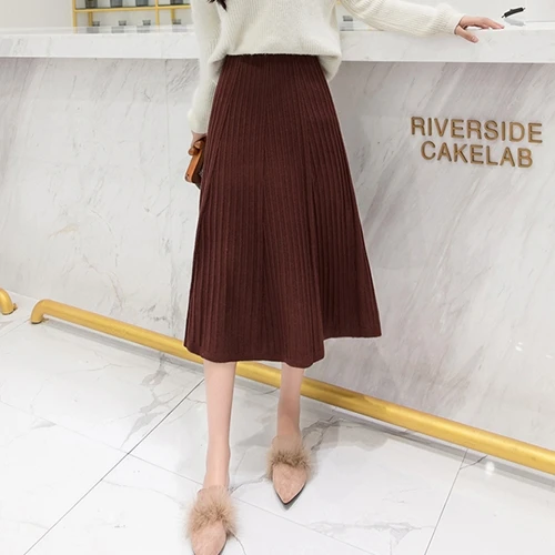TingYiLi Winter Warm Knitted Skirt High Waist A Line Women Skirt Black Gray Coffee Khaki Long Skirt Female - Цвет: Coffee