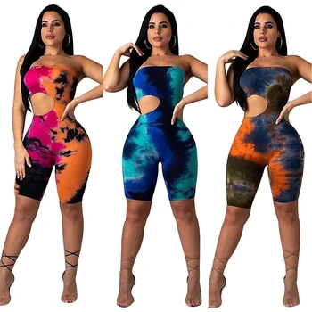 

Womens Jumpsuit Tie dye printed Clothes Sexy Hollow Strapless Bodysuit Women Rompers Biker Shorts Playsuit Overall Ropa Mujer