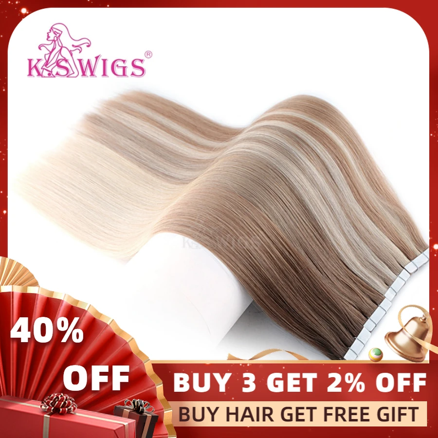 K.S WIGS Remy Tape In Human Hair Double Drawn Straight Seamless Skin Weft Hair Extensions 16'' 20'' 24'' 10pcs/pack