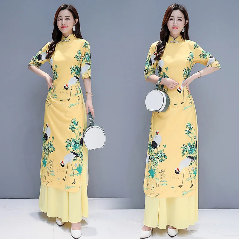 

Yellow Audrey Cheongsam 2019 New Style Viet Nam Authentic Long Modified Version Catwalks Cheongsam Costume Dress