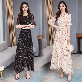 

2020 Vintage Black Print Chiffon Maxi Dress Spring Summer 4XL Plus Size Runway Midi Dresses Elegant Women Bodycon Party Vestidos