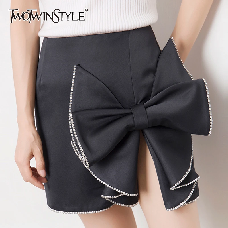 

TWOTWINSTYLE Casual Asymmetrical Women's Skirts High Waist Patchwork Bow Ruched Skirt For Female Clothing 2019 Fashion Tide