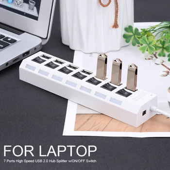 

USB 2.0 Adapter HUB 7 Port Expander Multiple High-speed LED ON/OFF Power Switch Office Computer Cables for PC Laptop