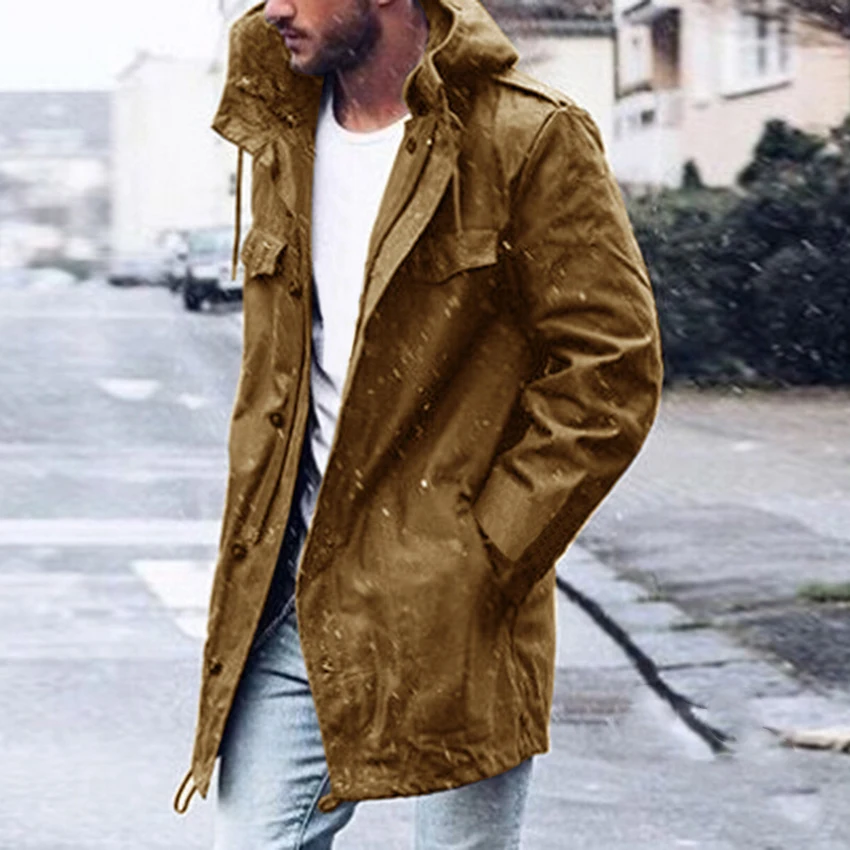 Модный мужской повседневный Тренч, однотонное пальто для мужчин размера плюс, весенне-осеннее пальто, верхняя одежда с капюшоном, ветрозащитная худи, пальто, одежда