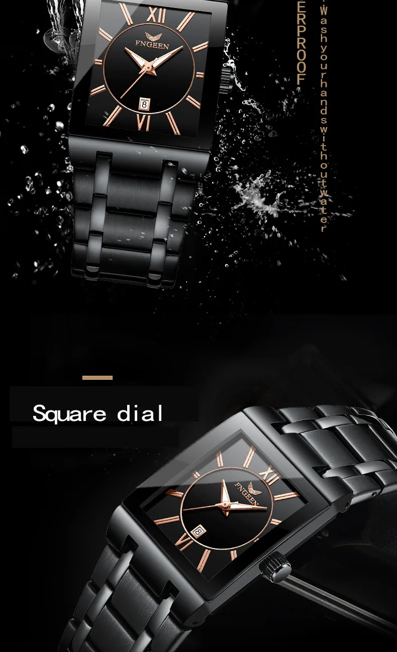 Men's Watch 2022 Simple Fashion Black Face Silver Rectangular Stainless Steel Calendar Waterproof Quartz Watch Relogio Masculino