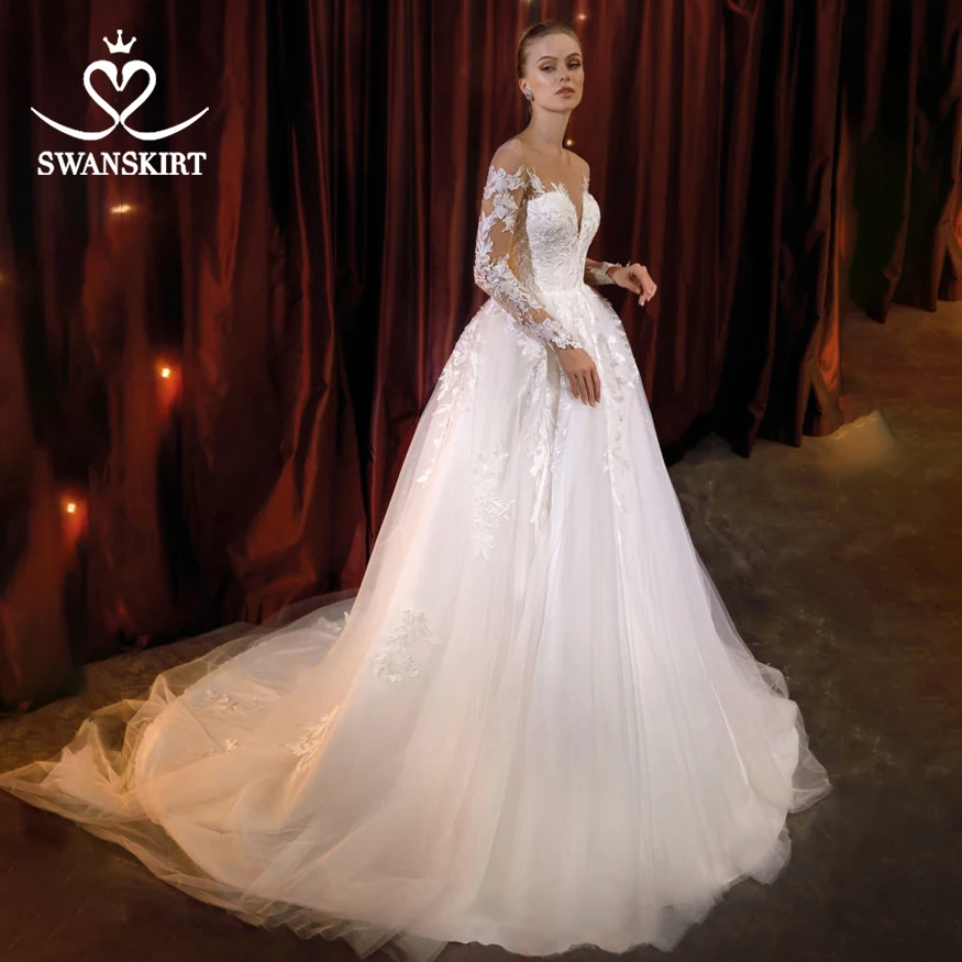 Слоновая кость Гламурные Аппликации Свадебное платье Swanskirt M120 Милая с длинным рукавом бисером A-Line Кружева Принцесса свадебное платье Vestido de novia - Цвет: Слоновая кость