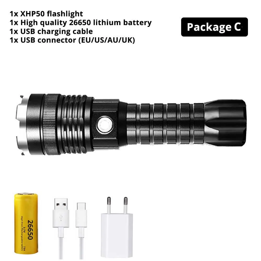 Package C Мощный XHP50 светодиодный фонарик usb зарядка Водонепроницаемый зум 4 режима тактический фонарь с помощью 26650 батареи для наружного освещения - Испускаемый цвет: Package C