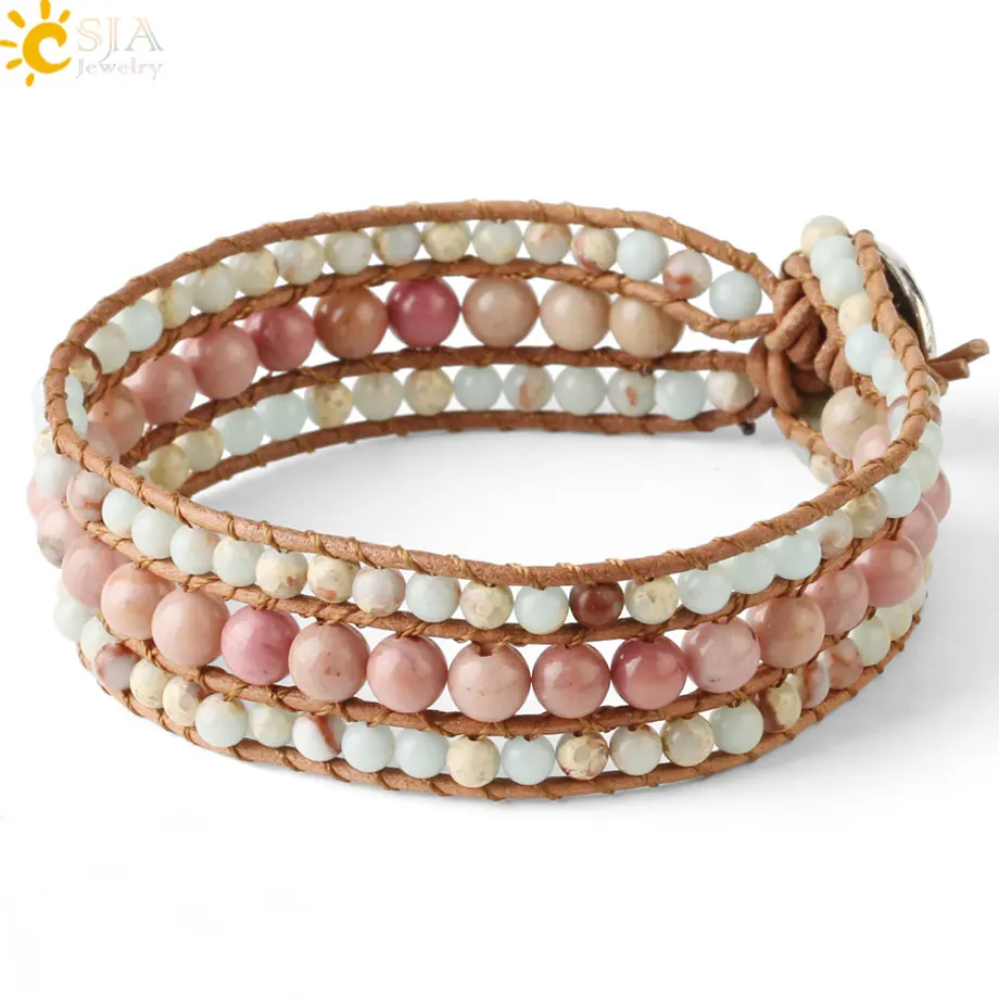 CSJA Braided Bracelets Natural Stone Leather Wrap Bracelet Round Beads Line Rhodonite Women Bohemian Handmade Woven Jewelry S565