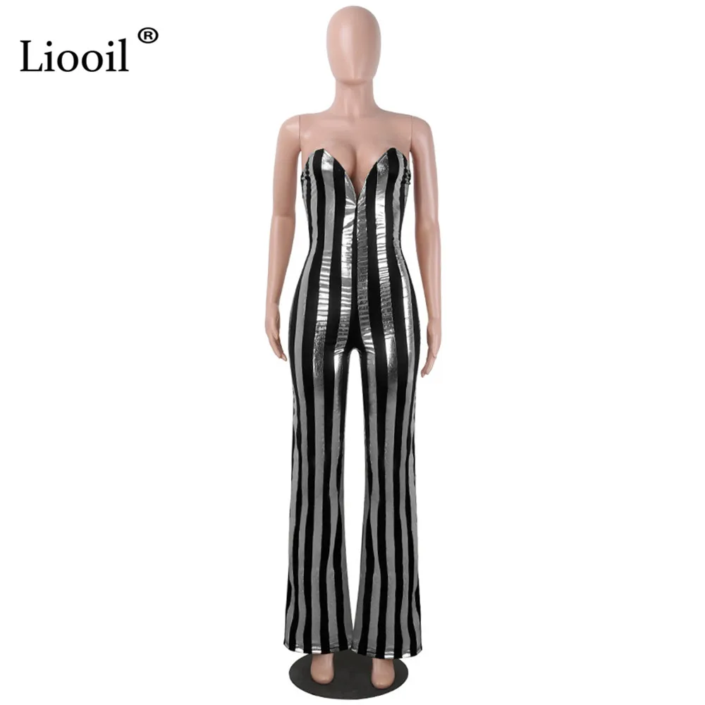 Liooil, цветной, в полоску, сексуальный, цельный, облегающий, клубный, комбинезон для женщин, с открытыми плечами, v-образный вырез, открытая спина, вечерние, облегающие комбинезоны, женский комбинезон