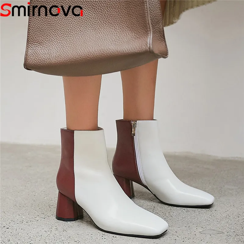 

Smirnova 2020 new ankle boots women square toe zip genuine leather boots mixed colors elegant ladies prom autumn winter boots
