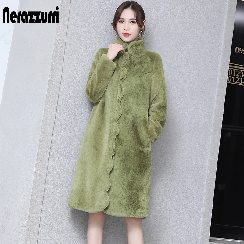 Army green Nerazzurri/зимнее цветное пальто из искусственного меха для женщин, волнистая отделка, армейский зеленый черный пушистый жакет, теплая меховая искусственная Меховая куртка больших размеров куртки из искусственного меха - Цвет: Army green