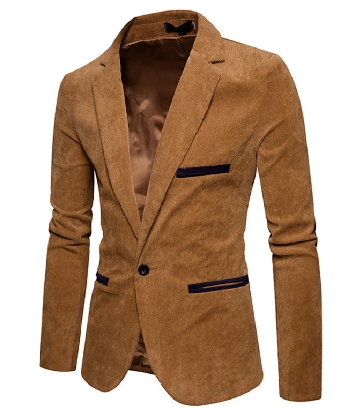 Осенний мужской брендовый пиджак, мужской однотонный вельветовый пиджак, Мужской Блейзер, модный тонкий мужской повседневный пиджак