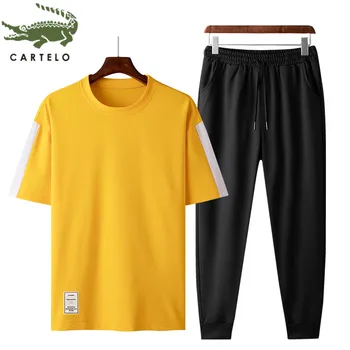 

CARTELO men's clothing summer new fashion simple color matching comfortable round neck short sleeve suit