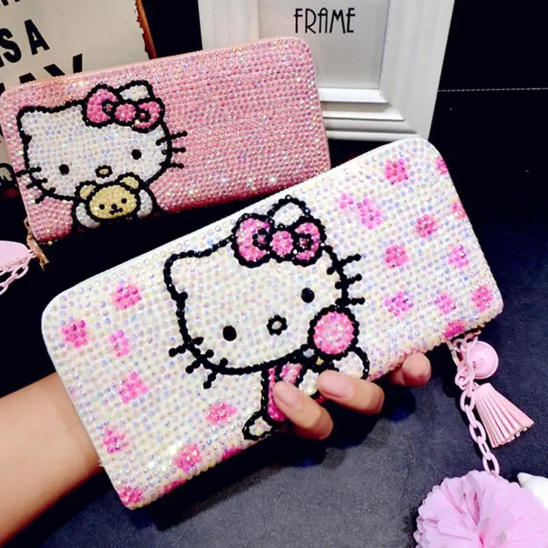 Милый детский кошелек HELLO KITTY с бриллиантами, модный Индивидуальный кошелек с героями мультфильмов, милая яркая женская кожаная сумка высокого качества