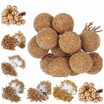 

8/10/12/90/144pcs Gold Mixed Hybrid Flower Cherry Stamen Berries Bundle DIY Cake Christmas Wedding Gift Box Wreaths Decor