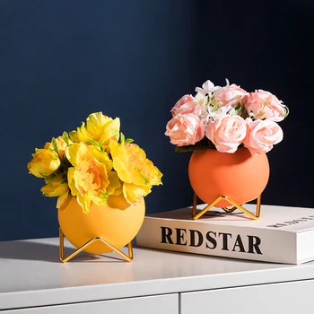 

Small Tabletop Vase Ceramic Round Flower Vase with Gold Holder Succulent Planter for Home Office Hotel Shelf Bathroom Decoration