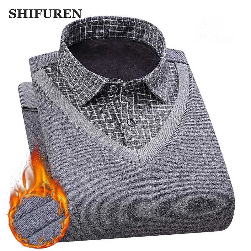 SHIFUREN, Зимние флисовые теплые свитера, мужские вязаные топы с длинным рукавом, повседневные мужские джемпера, свитера из Джерси, пуловеры, одноцветные