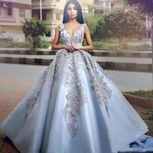 Пышные бальные платья Глубокий v-образный вырез кружева 3D аппликации бусины без рукавов Открытая Спина Сладкий 16 праздничное платье для выпускного вечера