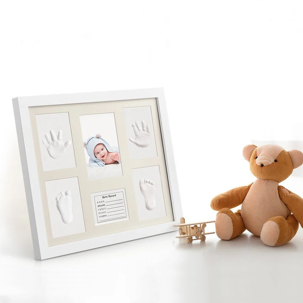 Baby Hand Foot Print Mud Mold Maker Solid Wooden Photo Frame Set Newborn Growth Memorial Gift with Japanese English German Card