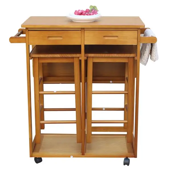 Square Solid Wood Folding Dining Cart with 2 Stools  2