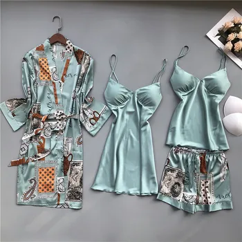 

Spring Autumn Women Silk Pajamas Sets With Chest Pads Print Pijama Sleepwear 4 Pieces Spaghetti Strap Satin Pyjamas Sets