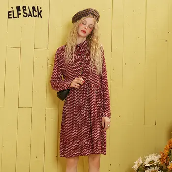 

ELFSACK Black Polka Dot Pleated Casual Midi Dress Women 2020 Spring Romantic Burgundy Long Sleeve Korean Ladies Daily Dresses