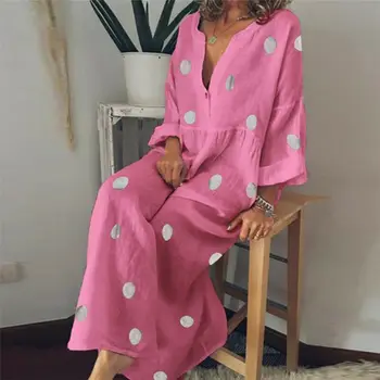 

Meihuida Women Boho Dot Loose Dresses Summer Deep V-Neck Three Quarter Sleeve Maxi Long Dress Beach Kaftan Wear