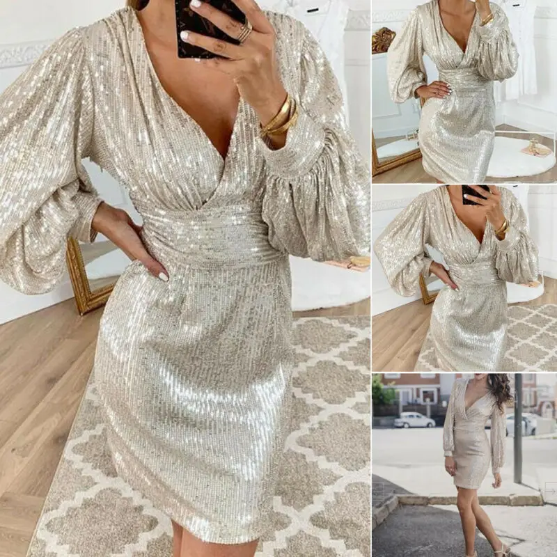 Sexy Women's Long Sleeve Shiny Sequins Mini Dress Gold V-Neck Bodycon Party Dresses Clubwear High Waist Streetwear | Женская одежда