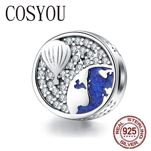 

COSYOU Round Metal Beads for Women Charms Silver 925 Original Bracelet & Bangle Jewelry Air Balloon Blue Enamel Charm SCC1345