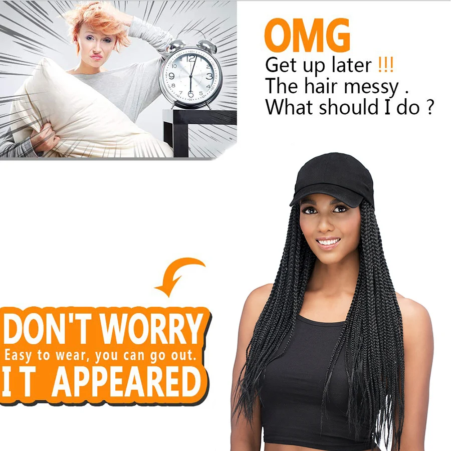 TOMO 24 Inch Long Synthetic Baseball Cap Wig with Braided Box Braids Wigs For Afro Black Women Daily Wear Hat Wig with Braids