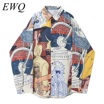 

EWQ 2020 Spring New Arrival Chic Design Men Vintage Printing Temperament Shirt Long Sleeve Loose Slim Blouse Men's Shirt HD638
