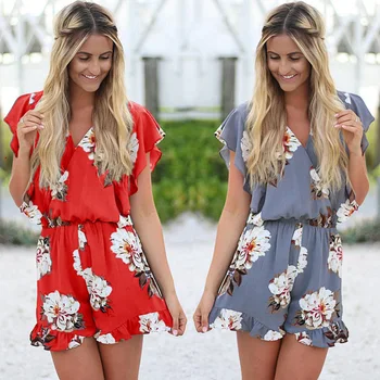 

Rompers Womens Jumpsuit Women Casual Sleeveless V Neck Ruffles Gray Floral Printing Sexy Party Rompers Combinaison Short Female