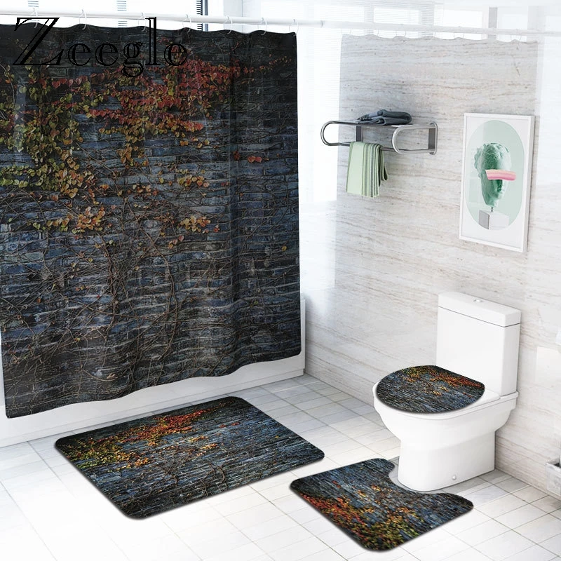Zeegle Shower Curtain and Bath Mat Set Anti Slip Bathroom Carpets Absorbent Toilet Pedesrtal Rug Waterproof Bathroom Curtain